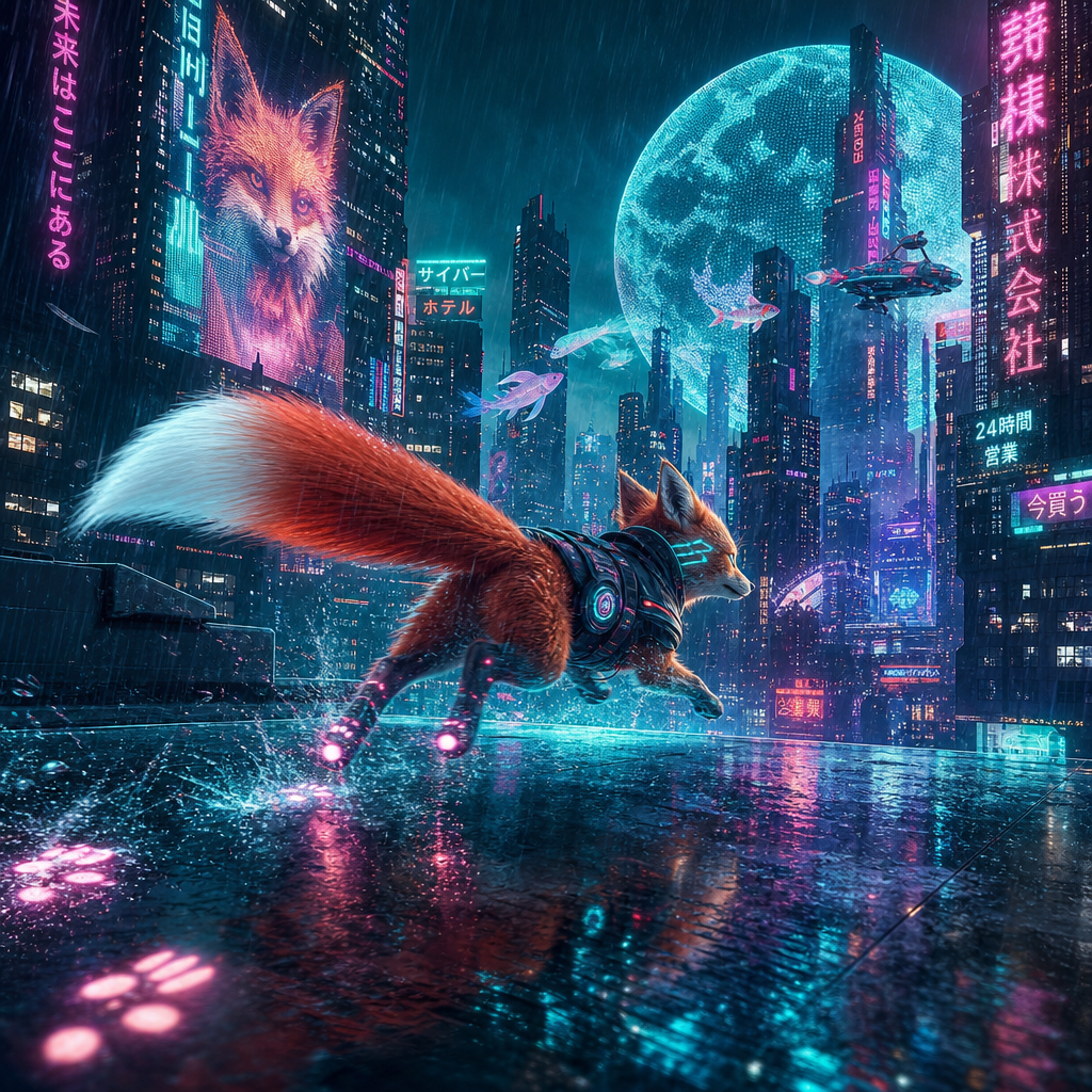 A tiny cyberpunk fox sprinting across neon-lit rooftops in the rain, leaving glowing footprints behind. Futuristic city skyline with holographic signs, dramatic reflections on wet surfaces, a giant holographic moon in the sky, cinematic lighting, vibrant teal and magenta color palette, ultra-detailed, dynamic action, stylish sci-fi concept art.