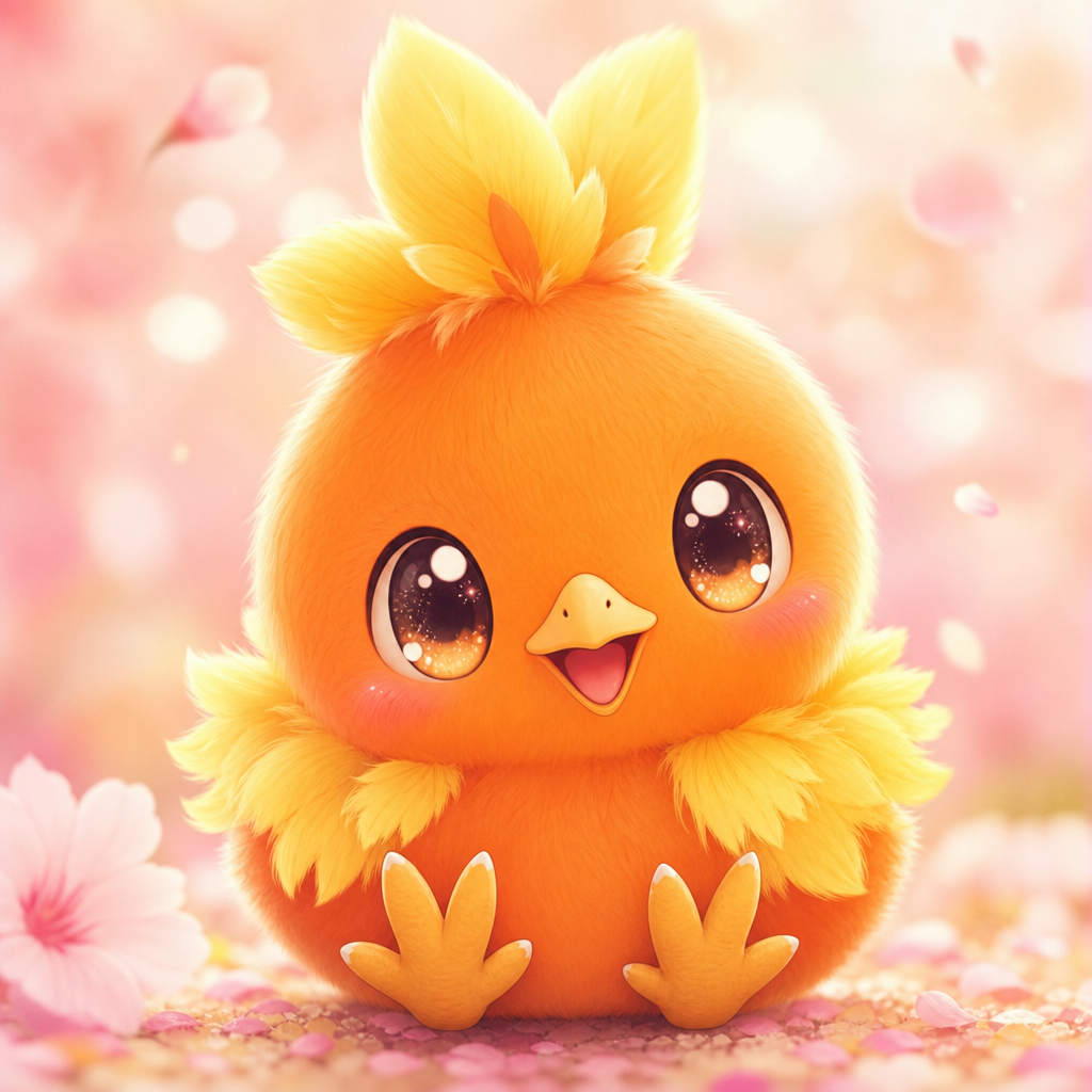 The cutest possible Torchic, adorable fluffy baby fire chicken Pokémon, centered in a soft pastel scene with warm lighting, big sparkling eyes, tiny beak, round chubby body, fluffy orange and yellow feathers, gentle pink accents, dreamy bokeh background, ultra cute, clean composition, high charm, polished digital illustration