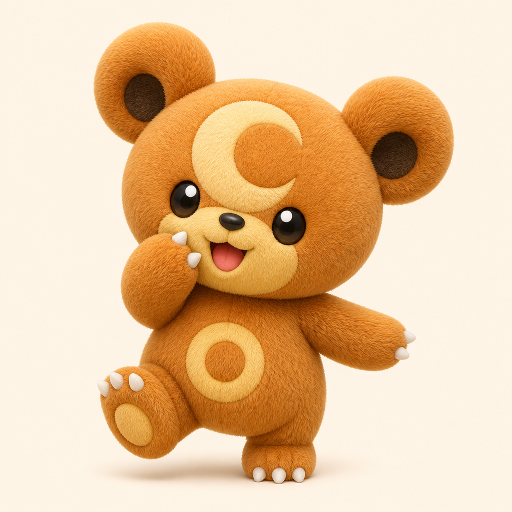 A cute Teddiursa inspired teddy bear character, soft plush texture, warm brown fur, round ears, tiny eyes, standing in a playful pose, clean background, high detail, charming cartoon style