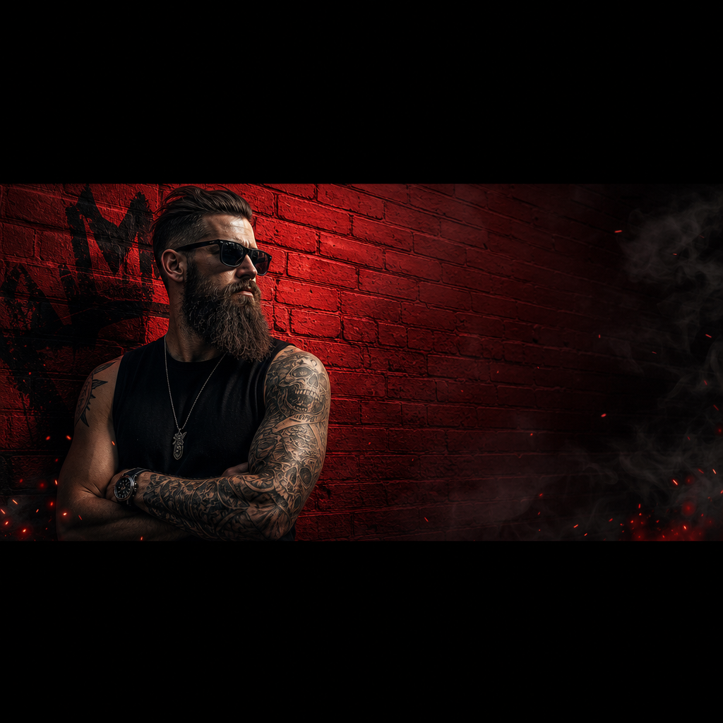 Create a 600x240 wide banner image that matches the theme of the referenced image. Keep the same person-inspired vibe: a cool, edgy male figure with a long beard, dark sunglasses, black sleeveless shirt, and tattooed arm in front of a red brick wall. Make it cinematic and stylized, with strong contrast, subtle motion energy, and a polished banner composition that leaves clean space for text. Use dramatic lighting, bold reds, blacks, and smoky highlights, with a sleek social media banner aesthetic.