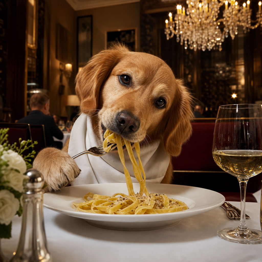A playful, whimsical scene of a dog eating pasta at a fancy restaurant. The dog is seated at a polished table with a white tablecloth, warm ambient lighting, elegant chandeliers, fine dining decor, a plate of spaghetti or fettuccine in front of it, subtle wine glasses and silverware, and a classy upscale atmosphere. The dog looks adorable and focused on the food, with a humorous but tasteful composition. Highly detailed, cinematic, realistic yet charming illustration.