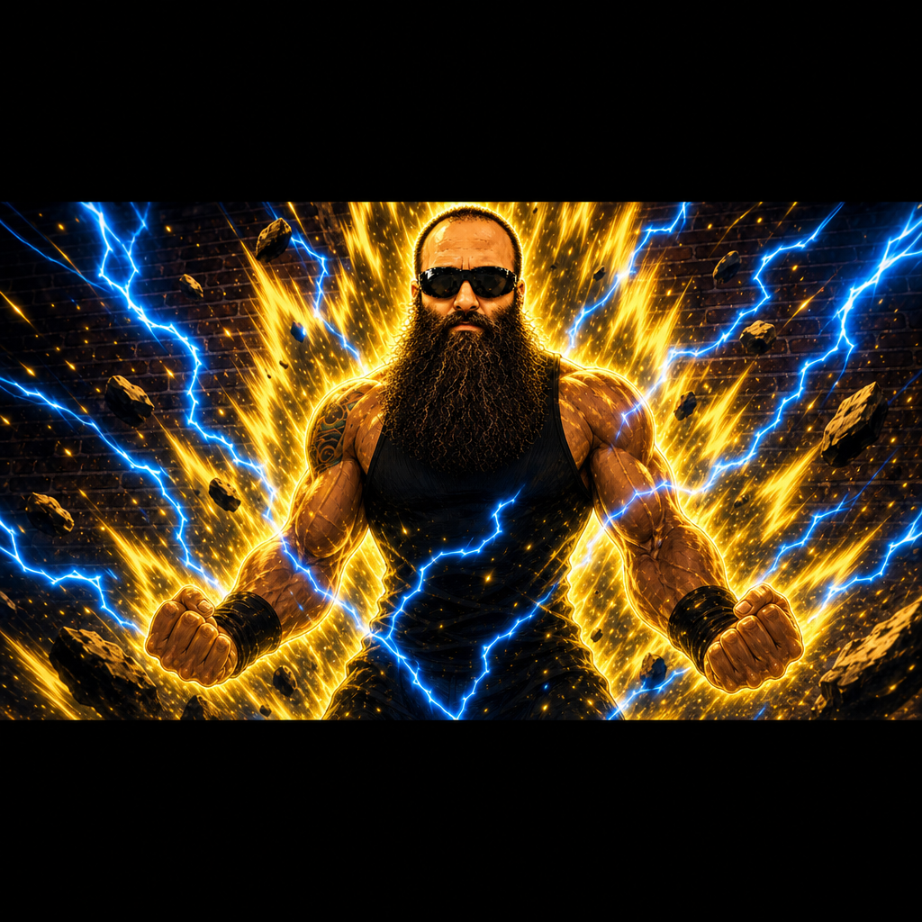 Create a 600x240 banner style image that matches the provided reference: a muscular bearded man with dark sunglasses in a black sleeveless shirt, intense Dragon Ball Z inspired ki energy theme. Composition should be wide banner format with the subject centered or slightly off-center, cropped to fit a header layout, with golden aura flames exploding outward and vivid blue lightning arcs crossing the scene. Keep the same energy, dramatic lighting, glowing embers, shattered debris, and high-contrast cinematic look. Background should feel dynamic but clean enough for a banner, with the brick wall texture subtly visible behind the aura. Make it feel powerful, stylized, and polished.
