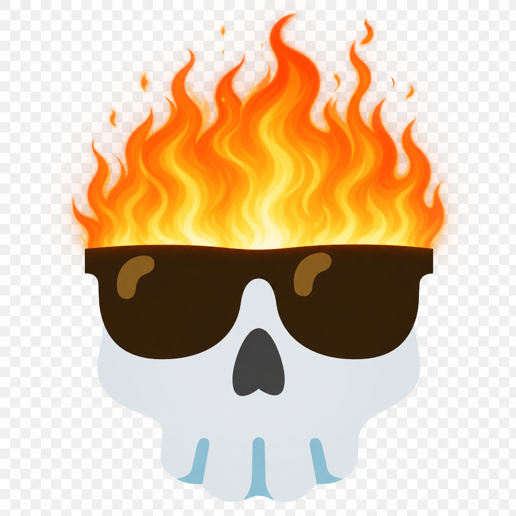 Edit the provided skull illustration so the top of the skull is engulfed in realistic fire. Keep the sunglasses and skull shape intact, with bright orange and yellow flames rising naturally from the head, some glow and heat distortion, matching the simple cartoon style of the original image. Transparent or clean background preserved as much as possible.