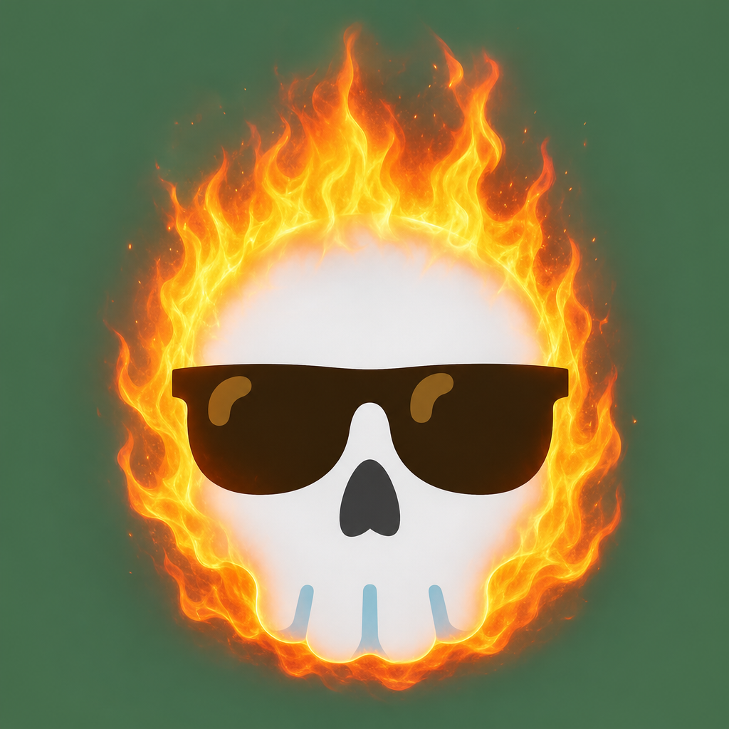 Edit the provided stylized skull emoji so the skull head is engulfed in realistic bright flames. Keep the same overall skull, sunglasses, and simple centered composition. Add vivid orange, yellow, and red fire rising from the top and around the head, with subtle glow and heat effect, while preserving the clean icon style and plain background.