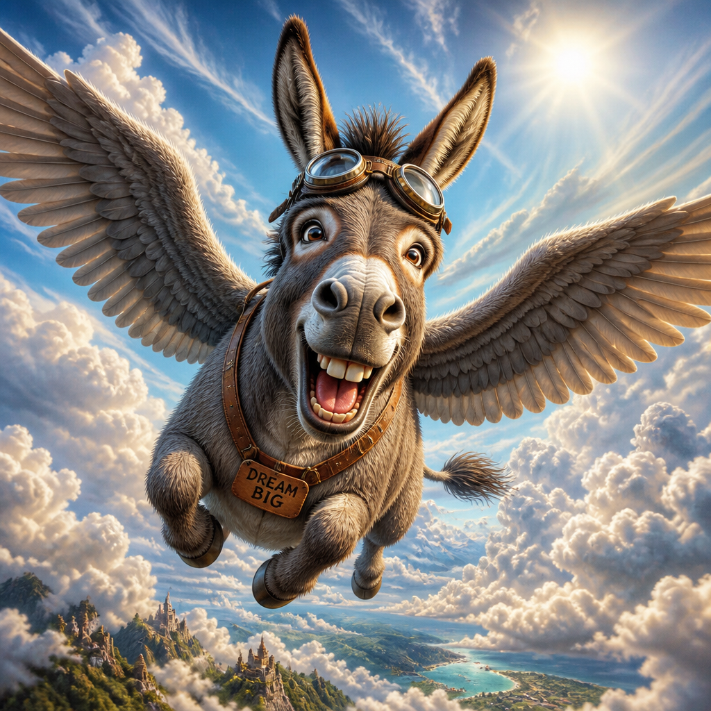 A humorous fantasy illustration of a flying donkey soaring through the sky, wings spread wide, clouds and sunlight behind it, whimsical style, detailed but playful, cinematic composition.