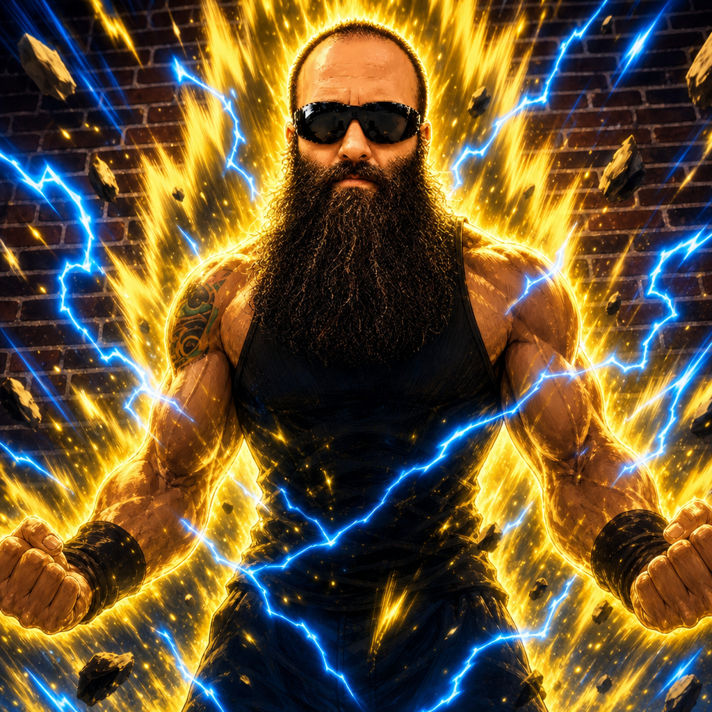 Edit the provided photo of the bearded man wearing sunglasses so he looks like he is charging up ki like an anime warrior inspired by Dragon Ball Z. Add intense glowing energy around him, bright yellow and blue aura, crackling lightning, dramatic wind effect, and a powerful stance. Keep his face recognizable and the brick wall background, but enhance it with cinematic anime-style energy effects, high contrast lighting, and a dynamic action pose feeling. Make it look epic and stylized, as if he is powering up.