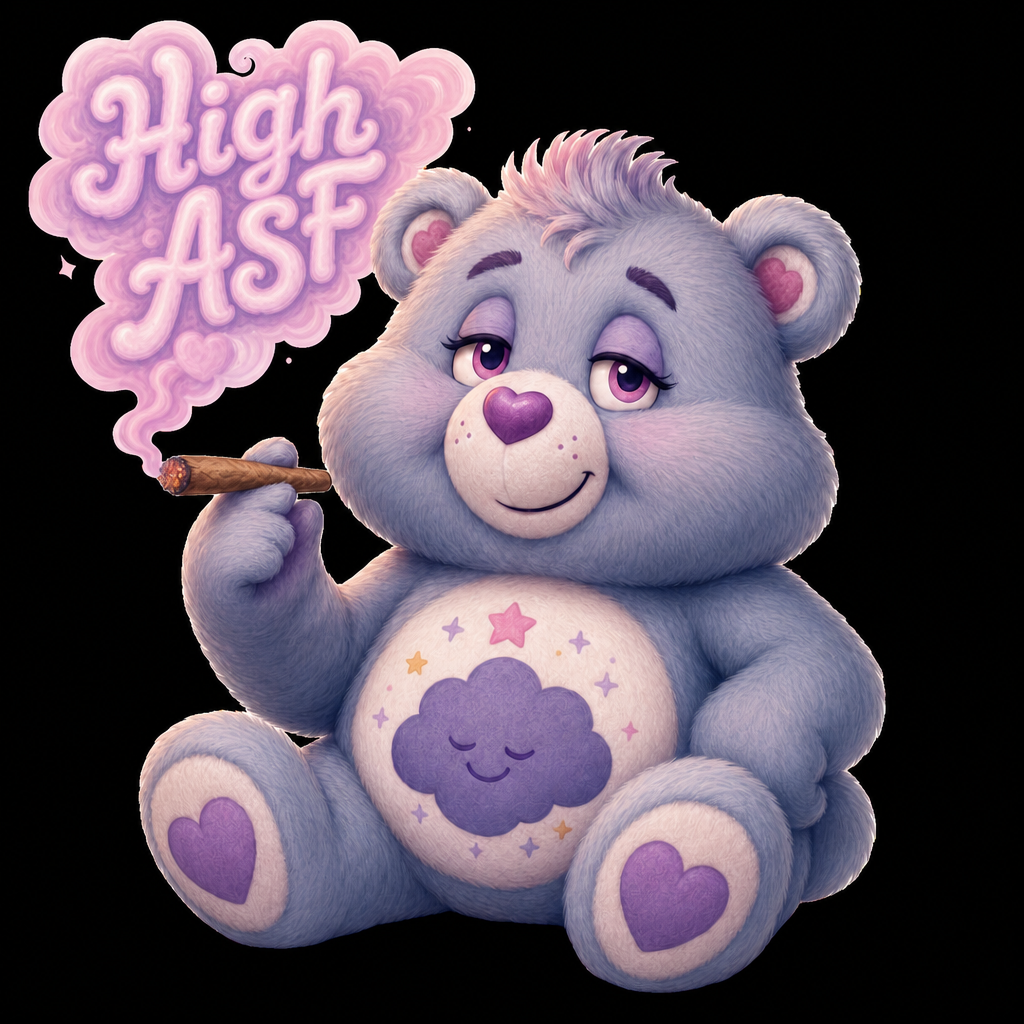 Edit the provided image by replacing the word 'Smoky' in the pink smoke text with 'High ASF'. Keep the same fluffy pastel style, cloud-like lettering, pink smoke, and overall composition. Match the font style and lighting so it blends naturally with the original artwork.