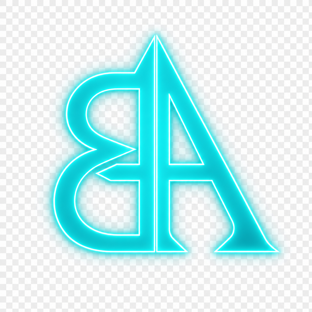 Edit the provided logo image by swapping the letter arrangement so the B is first and the A is second, while preserving the same fused style. Make the entire theme neon cyan, with glowing cyan outlines, cyan inner glow, and a clean transparent background. Keep it crisp, symmetrical, bold, and logo-like.